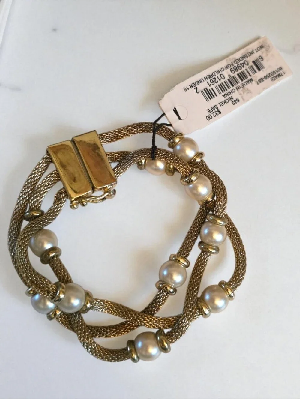Anne Klein Vtg Gold Multi Strand Faux Pearl Bracelet Magnetic Clasp NWT Elegant
